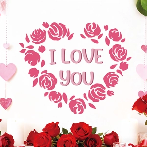 Pink rose heart-shaped Valentine's wall sticker with I Love You text and floral accents