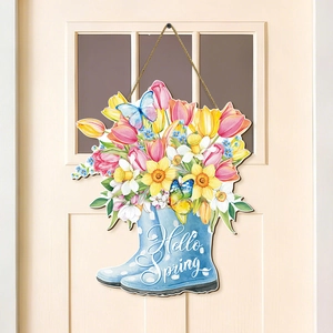 Spring welcome door sign featuring blue polka dot rain boots with colorful tulips