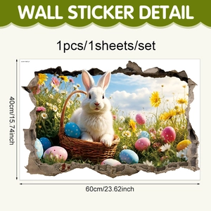 Detailed 3D wall sticker showing a rabbit with Easter eggs and realistic broken wall effect