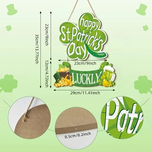St. Patrick's Day wooden door sign with clovers and gold coins, size 35x29cm