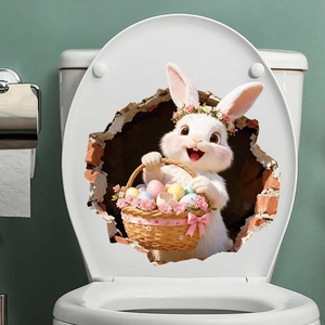 Detail von 3D-Osterhase-Wandaufkleber mit Blumenkrone und Eiern auf dem Toilettendeckel
