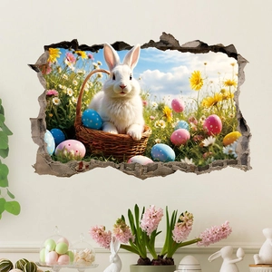 Detail of 3D cracked wall sticker featuring Easter bunny, colorful eggs and blue sky