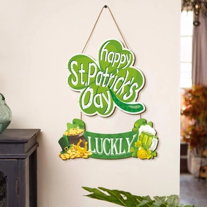 Wooden St. Patrick's Day door hanger with green shamrocks and lucky gold coins