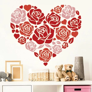 Pink and red rose heart wall stickers decorating a cozy living room setup
