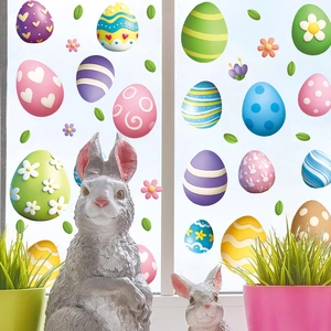 Easter egg and flower static window decals on glass with ceramic bunny decor