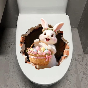 3D Osterhase Wandaufkleber mit Eiern und Blumenkranz der aus einem Loch herausragt