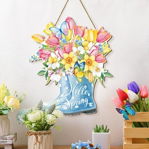 Spring welcome door sign featuring a blue polka dot rain boot with colorful floral bouquet