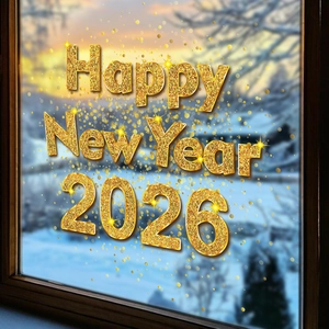 Detail von glitzernd goldener Happy New Year 2026 Fensteraufkleber mit Textur