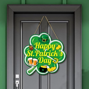 St. Patrick's Day wooden four-leaf clover door sign with festive icons and welcome message