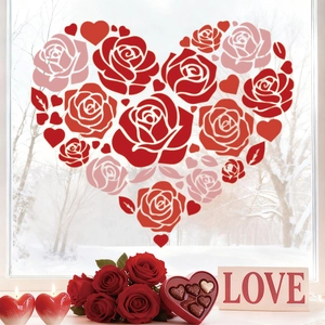 Detailed heart-shaped window decal featuring red and pink roses for Valentine decor