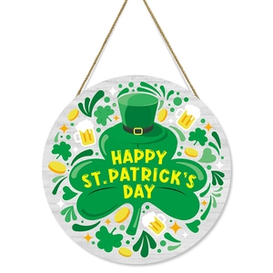Round wooden St. Patrick's Day door sign with shamrock, hat, and beer mug design