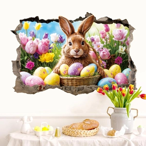3D broken wall Easter bunny wall decal with colorful eggs and tulips for kids room