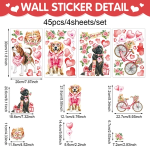 Détail de 45 stickers muraux chiens et cœurs pour Saint-Valentin avec dimensions précises