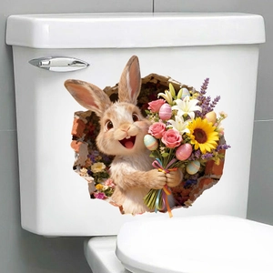 Detail von 3D-Osterhasen-Wandsticker mit Blumen auf einem weißen Toilettenspülkasten