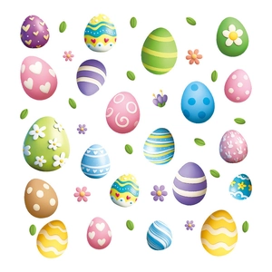 Set of 18 colorful Easter egg window stickers with bunny and floral patterns on white