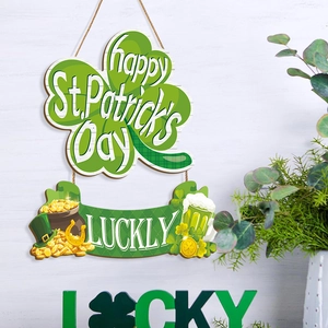 St. Patrick's Day wooden door sign with clover and lucky gold coins for wall decor