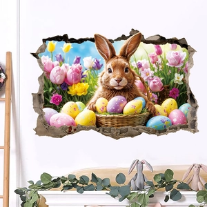 Detail of 3D cracked wall decal with Easter bunny, colorful eggs and tulips in a nursery