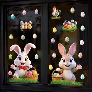 Cartoon Easter Wall Stickers PVC Self-Adhesive Rabbit Chick Egg Pattern For Kids Room Background Decor Cute Window Decals Holiday Ornament