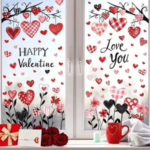 Valentine heart window clings with red heart shapes and black branches for romantic decor