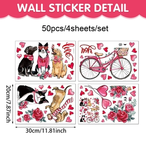 Détail de 50 stickers muraux de la Saint-Valentin avec chiens, chats et cœurs rouges