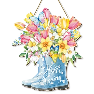 Pastoral spring rain boots door hanging sign with flowers and Hello Spring text