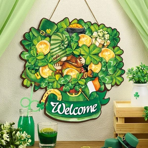 Detail of St. Patrick's Day wood welcome sign with gnome and shamrock hanging on wall
