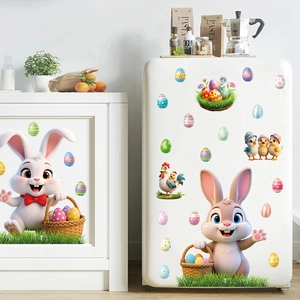 Easter cartoon bunny and chick PVC window stickers on white furniture background