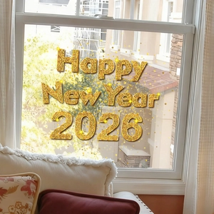 Detailansicht der 2026 Happy New Year Fensteraufkleber mit goldenem Glitzer und Punkten