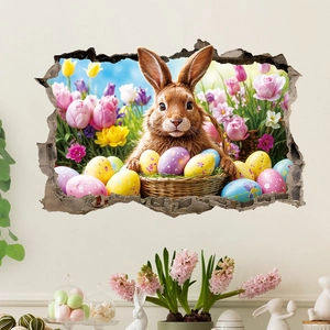 3D wall sticker detail showing realistic rabbit with Easter eggs and breaking wall effect