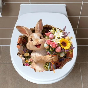 3D-Osterhasen-Toilettenaufkleber mit bunten Blumen und Eiern auf weißem Deckel