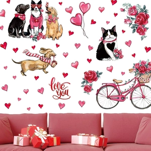 Stickers muraux Saint-Valentin avec chiens, chats, cœurs et vélo rétro rose