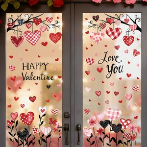 Valentine heart window clings with red heart patterns and romantic black tree branches
