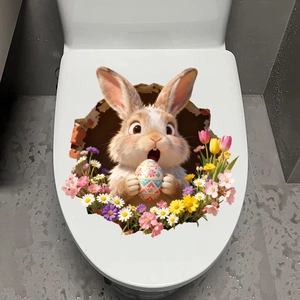 3D-Osterhasen-Aufkleber mit bunten Frühlingsblumen auf weißem Toilettendeckel dekoriert