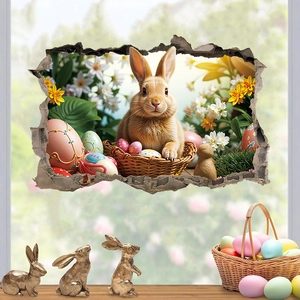 Detailed 3D wall sticker showing a brown rabbit with Easter eggs and realistic wall crack effect