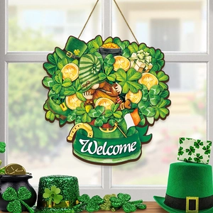Detail of St. Patrick's Day wooden gnome welcome sign with clover and gold coins