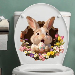 Detailansicht eines 3D-Osterhasen-Aufklebers auf einem weißen Toilettendeckel mit Blumen