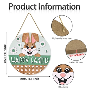 Detailed infographic of 30cm Easter bunny wood sign with hanging rope and dimensions
