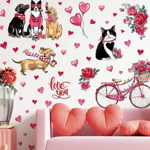 Stickers muraux Saint-Valentin avec chiens mignons, chats, cœurs et décoration vélo rose