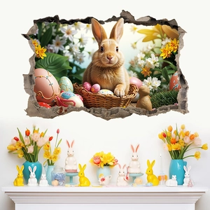 Detail of 3D Easter bunny wall decal featuring realistic broken wall effect and colorful eggs