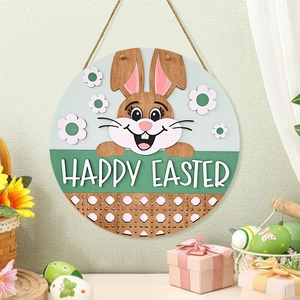 Round wooden Happy Easter welcome door sign with cute rabbit and floral details