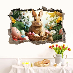 Detailed 3D broken wall decal featuring Easter bunny, colorful eggs and spring flowers