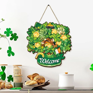 Detail of St. Patrick's Day gnome welcome sign with clovers and gold coins on kitchen wall