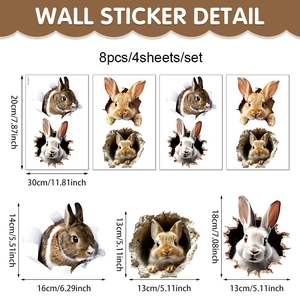 Set of 3D Easter wall stickers with 8 realistic rabbits appearing from cracked holes