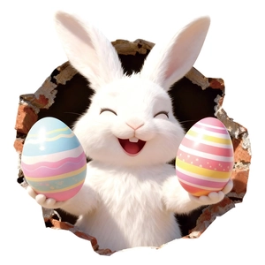 3D-Osterhase Wandtattoo mit bemalten Eiern und kreativem Design aus zerbrochenem Mauerwerk