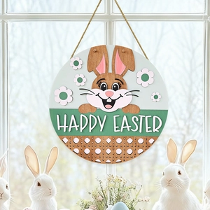 Round wooden Easter welcome sign with cute cartoon bunny and Happy Easter lettering