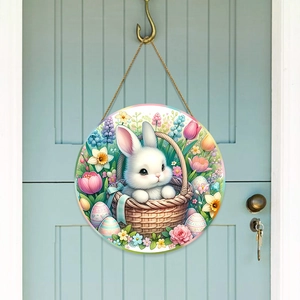 Easter round wooden door sign with cute bunny and spring flowers on a blue door