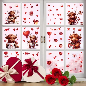 Détail de stickers de fenêtre Saint-Valentin avec vache d'Écosse et motifs cœurs