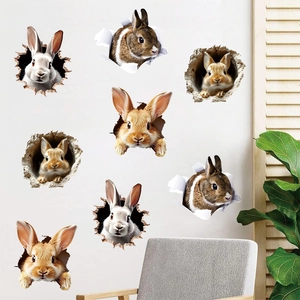 3D Easter wall stickers with realistic rabbits emerging from broken walls for kids room