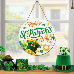 Close-up of wooden St. Patrick's Day door sign with lucky shamrocks and gold coins decor