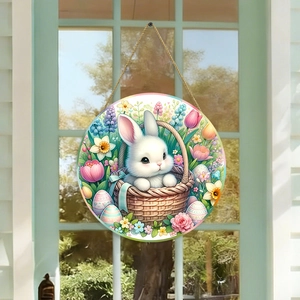 Easter round wooden door sign with cute white bunny in a basket and colorful tulips